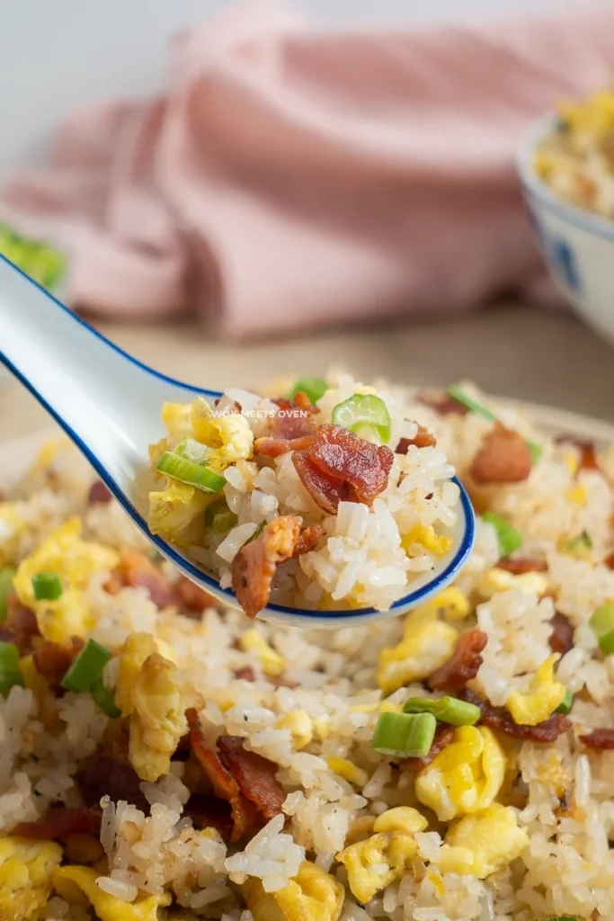 Image of bacon fried rice on spoon