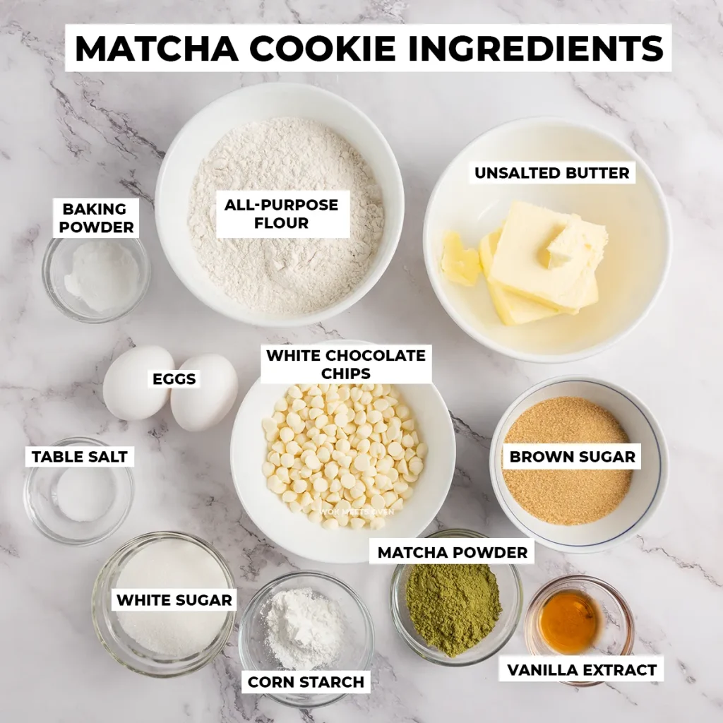 Ingredients for white chocolate matcha cookies