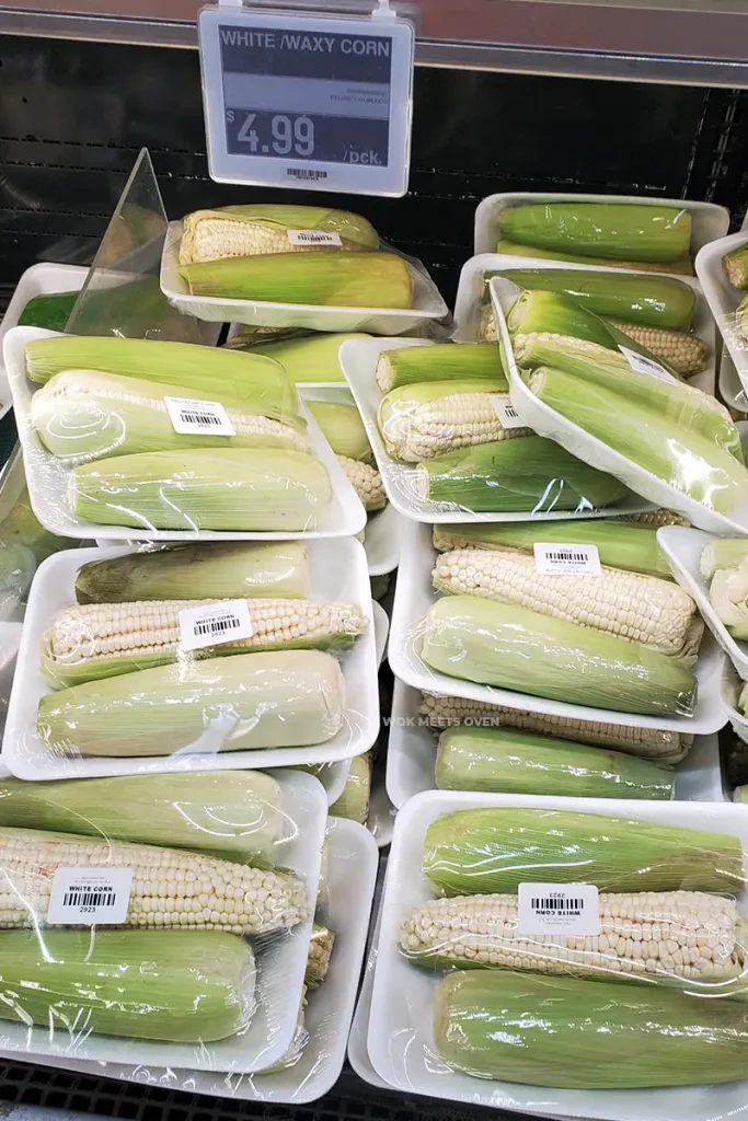 White waxy corn on shelve at supermarket