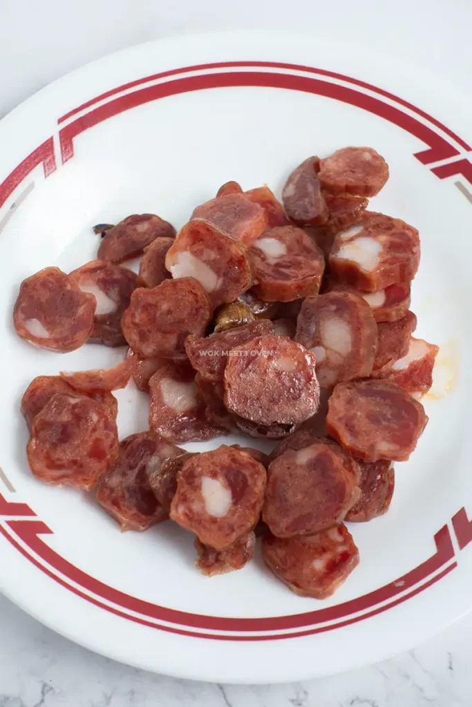 Cut Chinese sausage in bowl