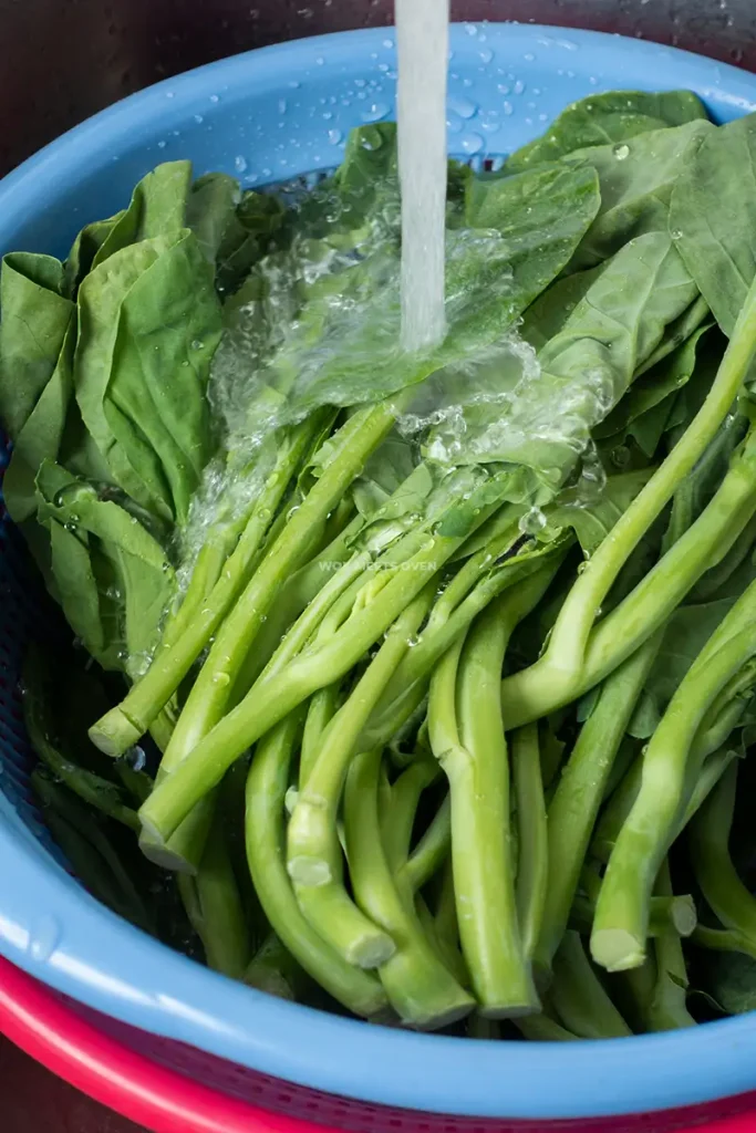 Washing Gai Lan in sink