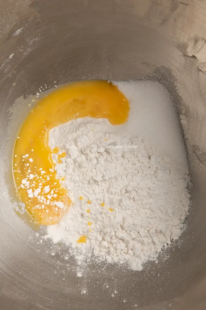 Water dough ingredients inside of mixing bowl