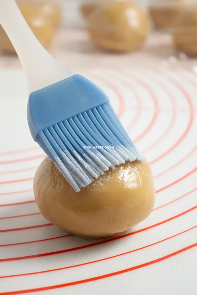 Brushing cake flour onto mooncake balls