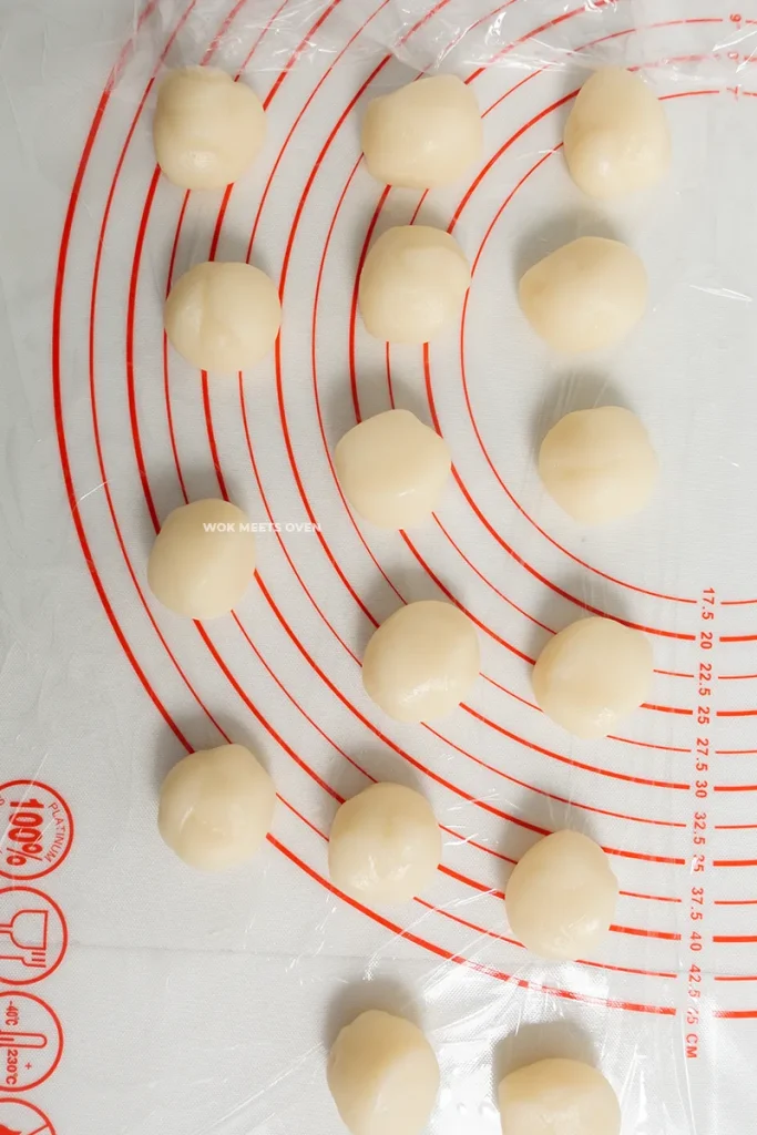 Snow skin dough shaped into 16 round balls