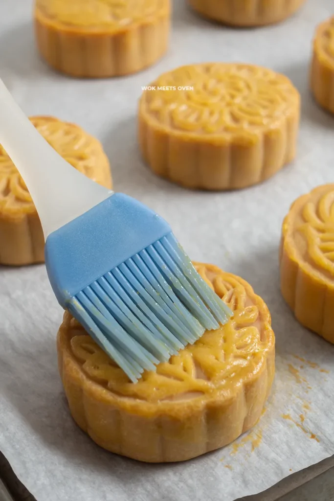 Brushing egg wash again on top of mooncakes