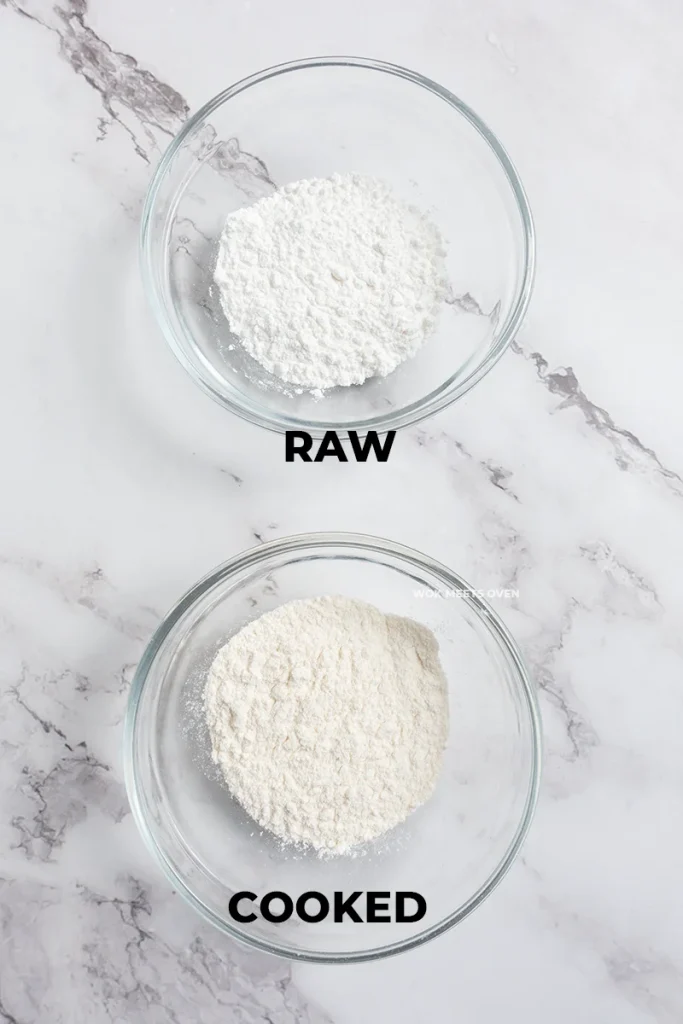 Side by side pic of cooked vs uncooked glutinous rice flour
