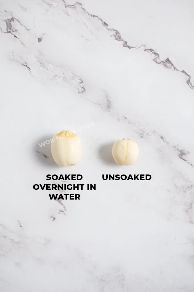 Size comparison between lotus seeds soaked vs un-soaked
