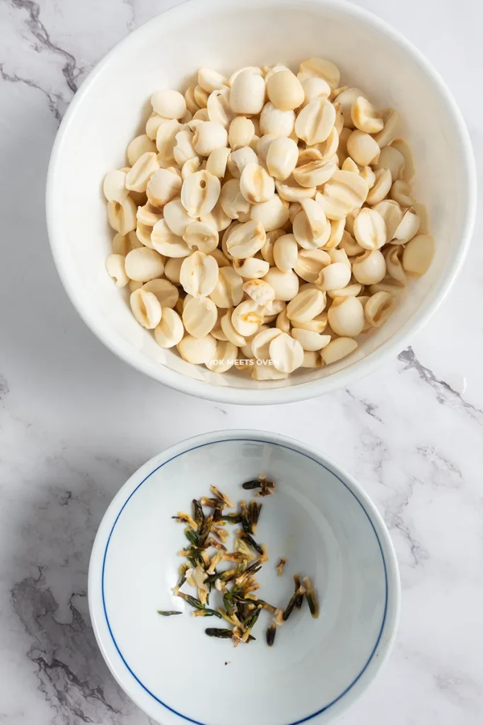 All green stems removed from lotus seeds