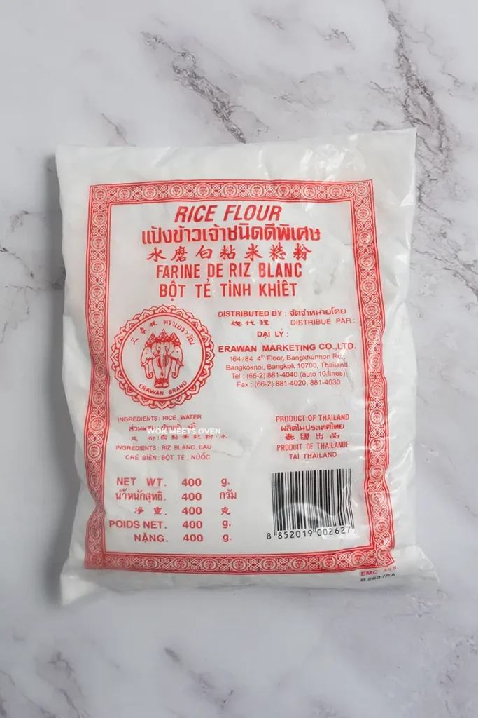Package of rice flour on table