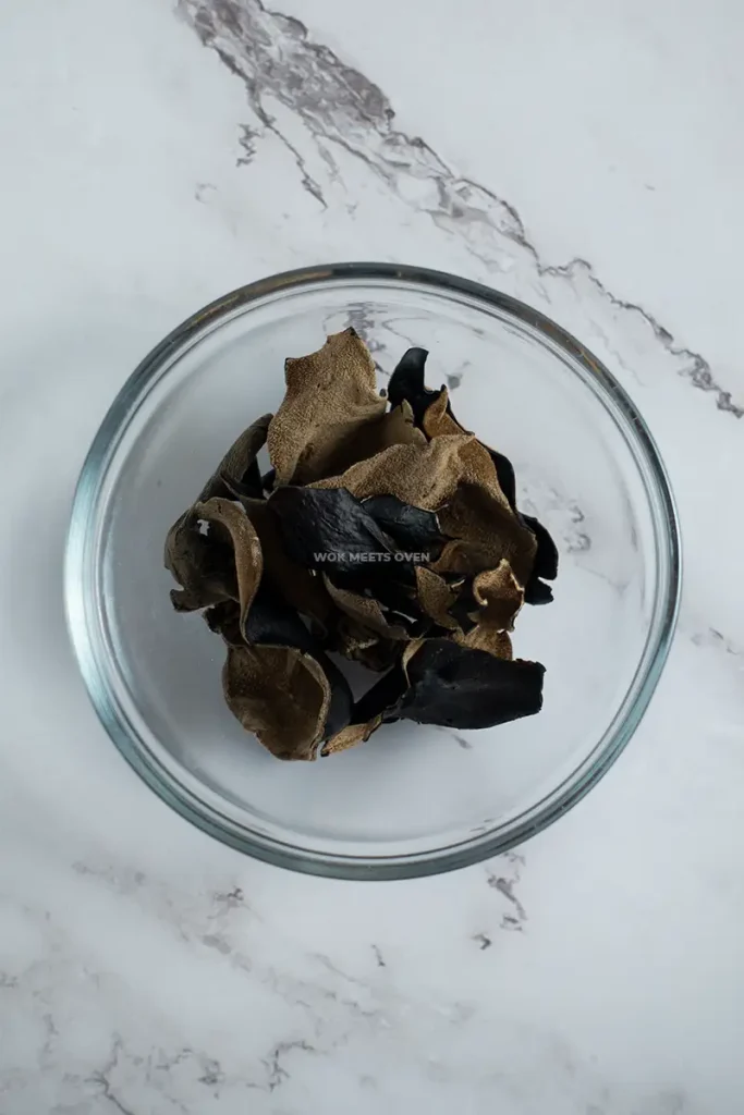 Wood ear mushrooms on glass dish