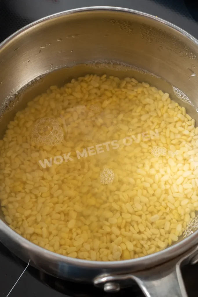Mung beans in a pot of water